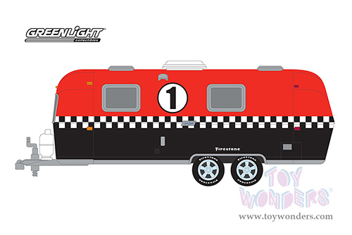 Greenlight - Hitched Homes Series 13 | Airstream Double-Axle Land Yacht Safari Custom #1 "Firestone Racing" (1971, 1/64 scale diecast model car, Red/Black) 34130C/48
