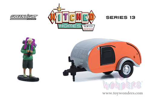Greenlight - Hitched Homes Series 13 | Teardrop Trailer with Backpacker Figure (1/64 scale diecast model car, Bright Orange/Silver) 34130F/48