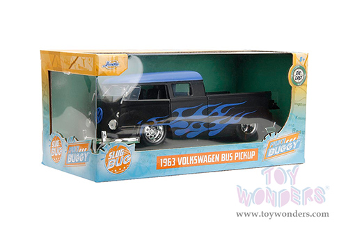 Jada Toys - Volkswagen Bus "Punch Buggy" Pickup Truck (1963, 1/24 scale diecast model car, Matte Black/Blue Top/Blue flames) 34232/4
