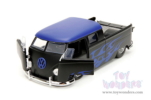 Jada Toys - Volkswagen Bus "Punch Buggy" Pickup Truck (1963, 1/24 scale diecast model car, Matte Black/Blue Top/Blue flames) 34232/4