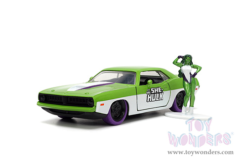 Jada Toys - Hollywood Rides | Plymouth Barracuda with She-Hulk Diecast Figure "The Savage She-Hulk" Marvel Series (1973, 1/32, diecast model car, Green/White) 34273/12