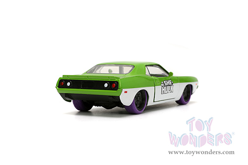 Jada Toys - Hollywood Rides | Plymouth Barracuda with She-Hulk Diecast Figure "The Savage She-Hulk" Marvel Series (1973, 1/32, diecast model car, Green/White) 34273/12