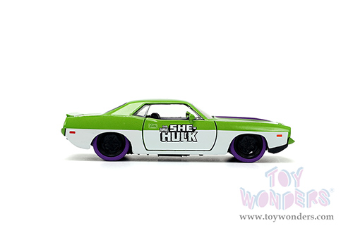 Jada Toys - Hollywood Rides | Plymouth Barracuda with She-Hulk Diecast Figure "The Savage She-Hulk" Marvel Series (1973, 1/32, diecast model car, Green/White) 34273/12
