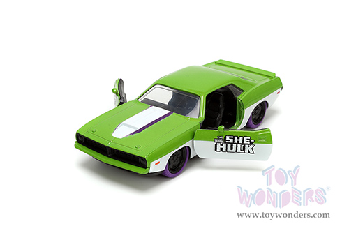 Jada Toys - Hollywood Rides | Plymouth Barracuda with She-Hulk Diecast Figure "The Savage She-Hulk" Marvel Series (1973, 1/32, diecast model car, Green/White) 34273/12