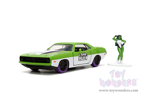 Jada Toys - Hollywood Rides | Plymouth Barracuda with She-Hulk Diecast Figure "The Savage She-Hulk" Marvel Series (1973, 1/32, diecast model car, Green/White) 34273/12