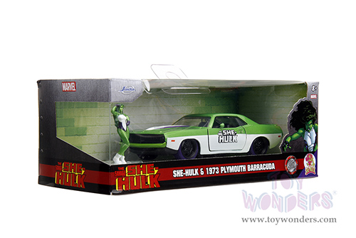 Jada Toys - Hollywood Rides | Plymouth Barracuda with She-Hulk Diecast Figure "The Savage She-Hulk" Marvel Series (1973, 1/32, diecast model car, Green/White) 34273/12