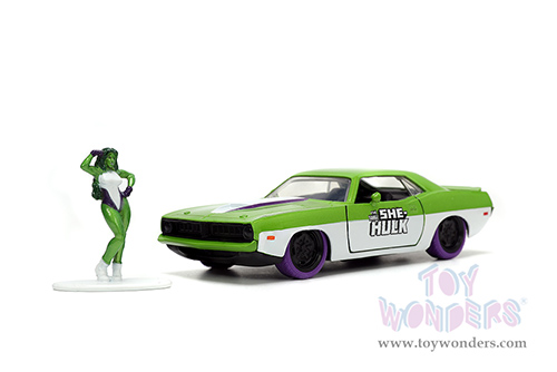 Jada Toys - Hollywood Rides | Plymouth Barracuda with She-Hulk Diecast Figure "The Savage She-Hulk" Marvel Series (1973, 1/32, diecast model car, Green/White) 34273/12