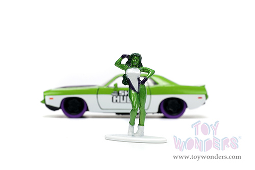 Jada Toys - Hollywood Rides | Plymouth Barracuda with She-Hulk Diecast Figure "The Savage She-Hulk" Marvel Series (1973, 1/32, diecast model car, Green/White) 34273/12