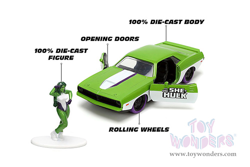 Jada Toys - Hollywood Rides | Plymouth Barracuda with She-Hulk Diecast Figure "The Savage She-Hulk" Marvel Series (1973, 1/32, diecast model car, Green/White) 34273/12