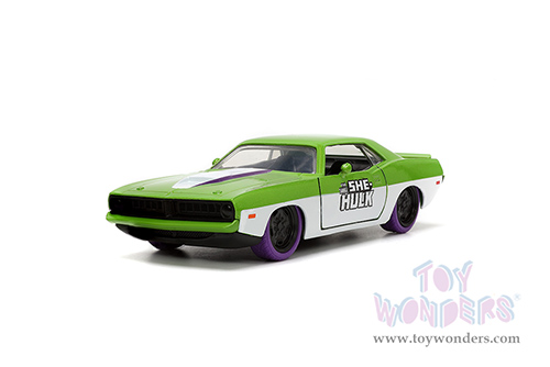 Jada Toys - Hollywood Rides | Plymouth Barracuda with She-Hulk Diecast Figure "The Savage She-Hulk" Marvel Series (1973, 1/32, diecast model car, Green/White) 34273/12