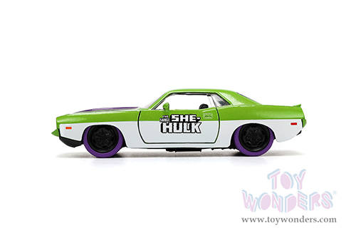 Jada Toys - Hollywood Rides | Plymouth Barracuda with She-Hulk Diecast Figure "The Savage She-Hulk" Marvel Series (1973, 1/32, diecast model car, Green/White) 34273/12