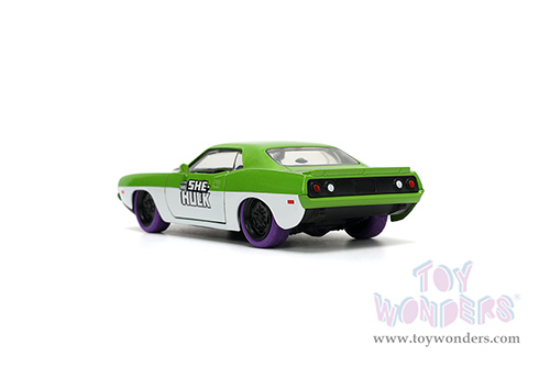 Jada Toys - Hollywood Rides | Plymouth Barracuda with She-Hulk Diecast Figure "The Savage She-Hulk" Marvel Series (1973, 1/32, diecast model car, Green/White) 34273/12