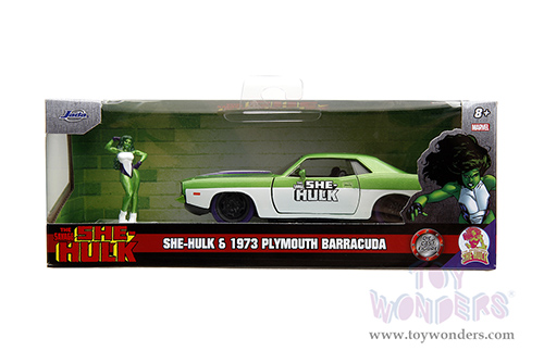 Jada Toys - Hollywood Rides | Plymouth Barracuda with She-Hulk Diecast Figure "The Savage She-Hulk" Marvel Series (1973, 1/32, diecast model car, Green/White) 34273/12