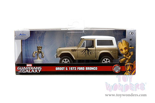 Jada Toys - Hollywood Rides | Marvel Guardians of the Galaxy Ford Bronco with Groot Diecast Figure (1973, 1/32, diecast model car, Gold/White) 34415/12