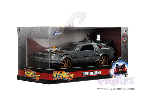 Jada Toys - Hollywood Rides | DeLorean DMC (Time Machine) Train Wheel Version "Back to the Future Part III" (1990) Movie (1/32 scale diecast model car, Brush Metal) 34786