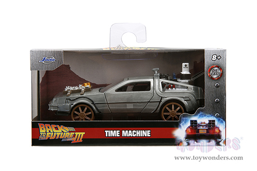 Jada Toys - Hollywood Rides | DeLorean DMC (Time Machine) Train Wheel Version "Back to the Future Part III" (1990) Movie (1/32 scale diecast model car, Brush Metal) 34786