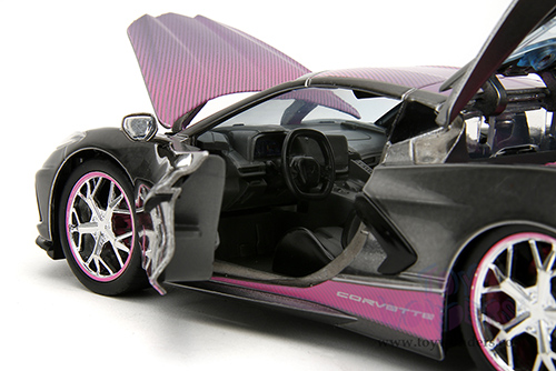 Jada Toys Pink Slips - Chevrolet® Corvette® Stingray™ with Display Base (2020, 1/24 scale diecast model car, Metallic Gray/Pink) 34848