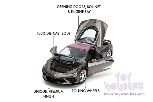 Jada Toys Pink Slips - Chevrolet® Corvette® Stingray™ with Display Base (2020, 1/24 scale diecast model car, Metallic Gray/Pink) 34848