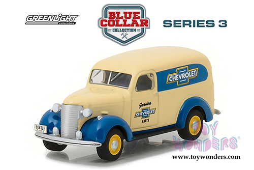 Greenlight - Blue Collar Collection Series 3 | Chevrolet&reg; Panel Truck Genuine Chevrolet&reg; Parts (1939, 1/64 scale diecast model car, Yellow/Blue) 35080A/48