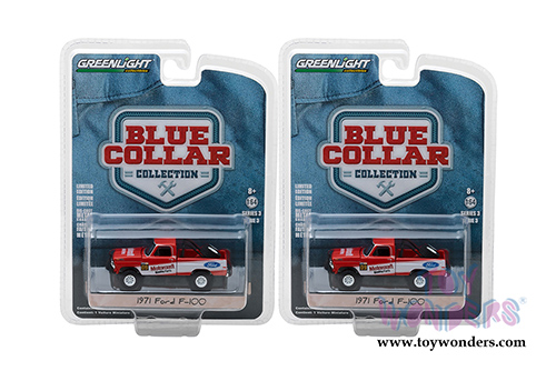 Greenlight - Blue Collar Collection Series 3 | Ford F-100 Pickup Truck Motorcraft Quality Parts (1971, 1/64 scale diecast model car, Red/White) 35080D/48