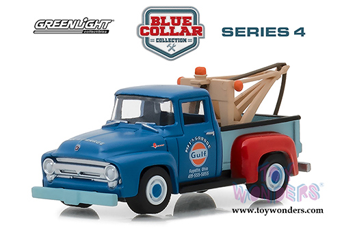 Greenlight - Blue Collar Collection Series 4 | Ford F-100 Tow Truck Gulf Oil Mel's Garage (1956, 1/64 scale diecast model car, Blue) 35100A/48