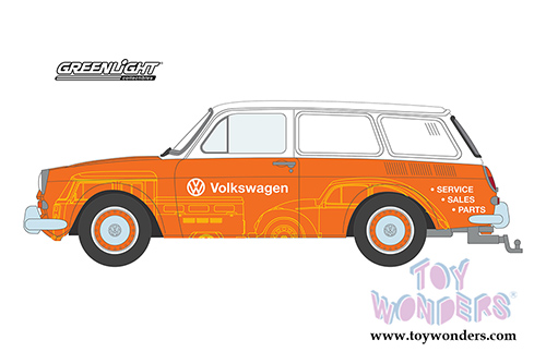 Greenlight - Blue Collar Collection Series 5 | Volkswagen Type 3 Panel Van -  Volkswagen Sales and Service (1966, 1/64 scale diecast model car, Orange/White) 35120C/48