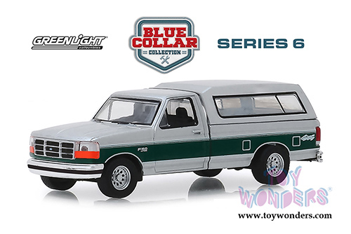 Greenlight - Blue Collar Collection Series 6 | Ford F-150 XLT Pickup Truck with Camper Shell (1996, 1/64 scale diecast model car, Silver w/Green) 35140E/48