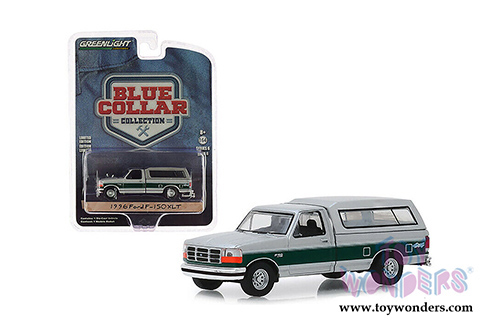 Greenlight - Blue Collar Collection Series 6 | Ford F-150 XLT Pickup Truck with Camper Shell (1996, 1/64 scale diecast model car, Silver w/Green) 35140E/48