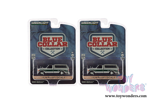 Greenlight - Blue Collar Collection Series 6 | Ford F-150 XLT Pickup Truck with Camper Shell (1996, 1/64 scale diecast model car, Silver w/Green) 35140E/48