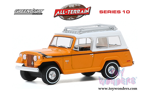 Greenlight - All Terrain Series 10 | Jeep® Jeepster Commando with Roof Rack (1971, 1/64 scale diecast model car, Orange/White) 35170A/48