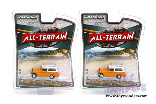 Greenlight - All Terrain Series 10 | Jeep® Jeepster Commando with Roof Rack (1971, 1/64 scale diecast model car, Orange/White) 35170A/48