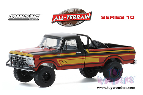 Greenlight - All Terrain Series 10 | Ford F-250 with Off-Road Parts Pickup Truck (1978, 1/64 scale diecast model car, Black/Red/Yellow) 35170C/48