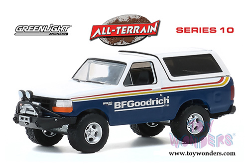 Greenlight - All Terrain Series 10 | Ford Bronco with Off–Road Parts "BFGoodrich Tires" (1992, 1/64 scale diecast model car, Blue/White) 35170E/48