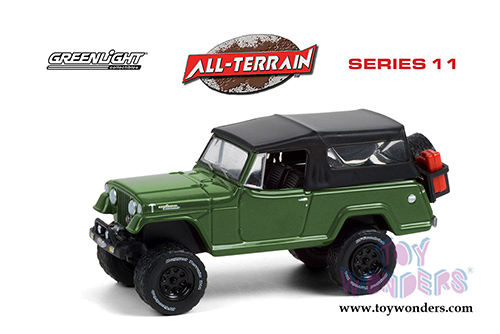 Greenlight - All Terrain Series 11 | Jeep&reg; Jeepster Commando with Soft Top and Off-Road Parts (1968, 1/64 scale diecast model car, Dark Green) 35190A/48