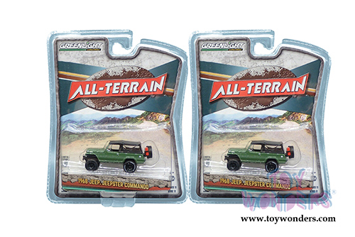 Greenlight - All Terrain Series 11 | Jeep&reg; Jeepster Commando with Soft Top and Off-Road Parts (1968, 1/64 scale diecast model car, Dark Green) 35190A/48