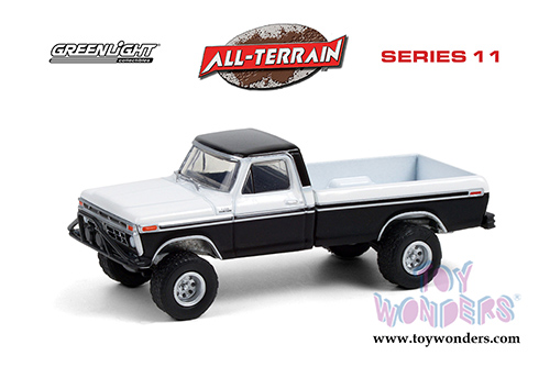 Greenlight - All Terrain Series 11 | Ford F-250 Custom Pickup Truck with Off-Road Parts (1976, 1/64 scale diecast model car, Black/White) 35190B/48