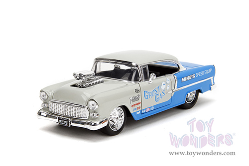 Jada Toys Bigtime Muscle - Chevrolet® Bel Air® "Ghost Gas - Mike's Speed Equip" Hardtop (1955, 1/24 scale diecast model car, Light Gray/Blue) 35211