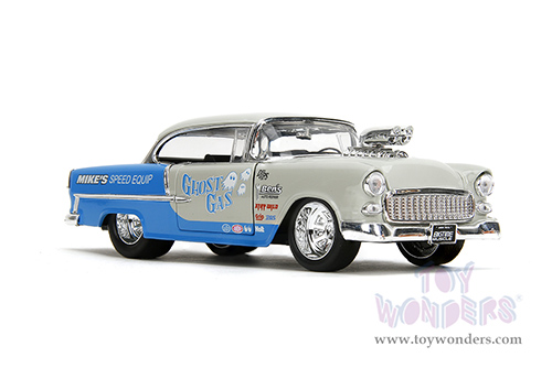 Jada Toys Bigtime Muscle - Chevrolet® Bel Air® "Ghost Gas - Mike's Speed Equip" Hardtop (1955, 1/24 scale diecast model car, Light Gray/Blue) 35211