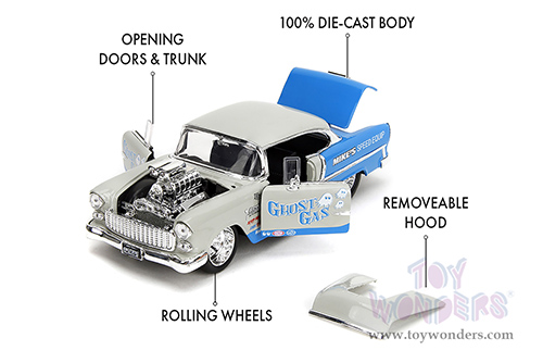 Jada Toys Bigtime Muscle - Chevrolet® Bel Air® "Ghost Gas - Mike's Speed Equip" Hardtop (1955, 1/24 scale diecast model car, Light Gray/Blue) 35211