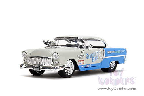 Jada Toys Bigtime Muscle - Chevrolet® Bel Air® "Ghost Gas - Mike's Speed Equip" Hardtop (1955, 1/24 scale diecast model car, Light Gray/Blue) 35211
