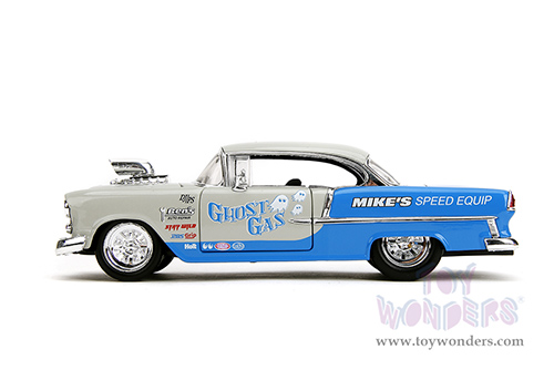 Jada Toys Bigtime Muscle - Chevrolet® Bel Air® "Ghost Gas - Mike's Speed Equip" Hardtop (1955, 1/24 scale diecast model car, Light Gray/Blue) 35211
