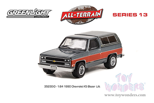 Greenlight - All Terrain Series 13 | Chevrolet&reg; K5 Blazer 1500 Lifted (1990, 1/64 scale diecast model car, Gray/Fire Red stripes) 35230D/48