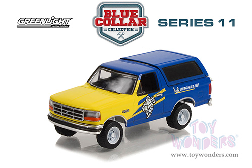 Greenlight - Blue Collar Collection Series 11 | Ford Bronco XL - Michelin Tires (1996, 1/64 scale diecast model car, Blue/Yellow) 35240D/48