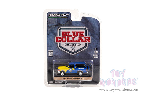 Greenlight - Blue Collar Collection Series 11 | Ford Bronco XL - Michelin Tires (1996, 1/64 scale diecast model car, Blue/Yellow) 35240D/48