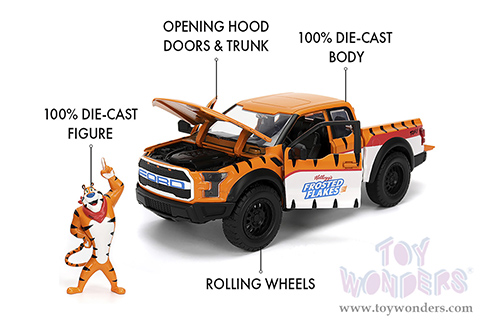 Jada Toys - Hollywood Rides | Ford F-150 Raptor Pickup with Frosted Flakes Tony the Tiger Diecast Figure (2017, 1/24, diecast model car, Orange/White) 35470