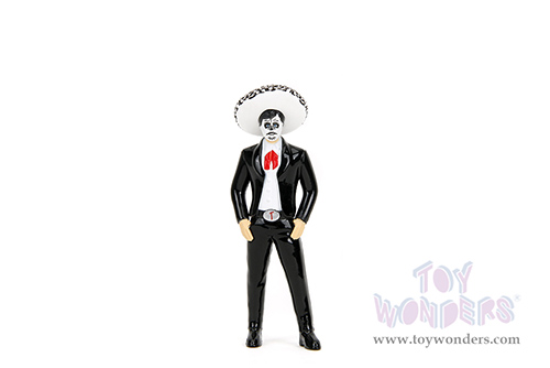 Jada Toys - Hollywood Rides | 1985 Chevrolet® C10 Pickup Truck with Charro Man figure - Tapatio Day of The Dead (1985, 1/24, diecast model car, Black with red/w White top) 35476
