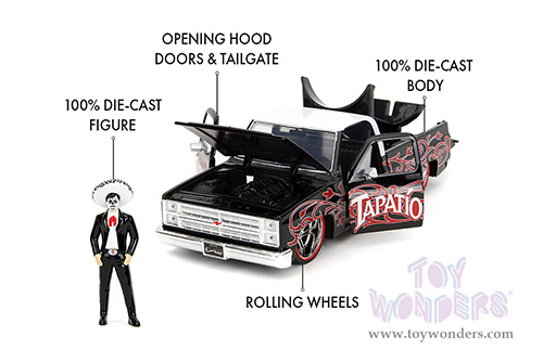 Jada Toys - Hollywood Rides | 1985 Chevrolet® C10 Pickup Truck with Charro Man figure - Tapatio Day of The Dead (1985, 1/24, diecast model car, Black with red/w White top) 35476