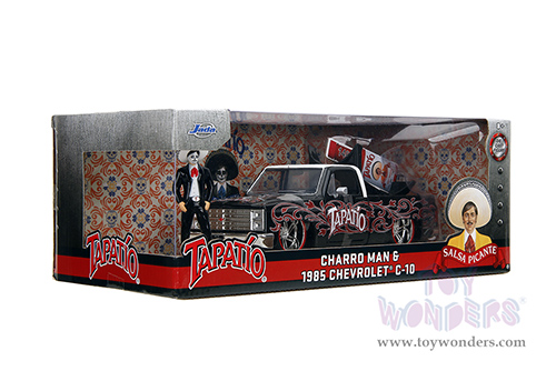 Jada Toys - Hollywood Rides | 1985 Chevrolet® C10 Pickup Truck with Charro Man figure - Tapatio Day of The Dead (1985, 1/24, diecast model car, Black with red/w White top) 35476