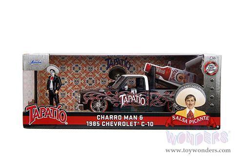 Jada Toys - Hollywood Rides | 1985 Chevrolet® C10 Pickup Truck with Charro Man figure - Tapatio Day of The Dead (1985, 1/24, diecast model car, Black with red/w White top) 35476