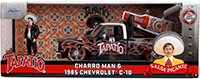 Show product details for Jada Toys - Hollywood Rides | 1985 Chevrolet® C10 Pickup Truck with Charro Man figure - Tapatio Day of The Dead (1985, 1/24, diecast model car, Black with red/w White top) 35476
